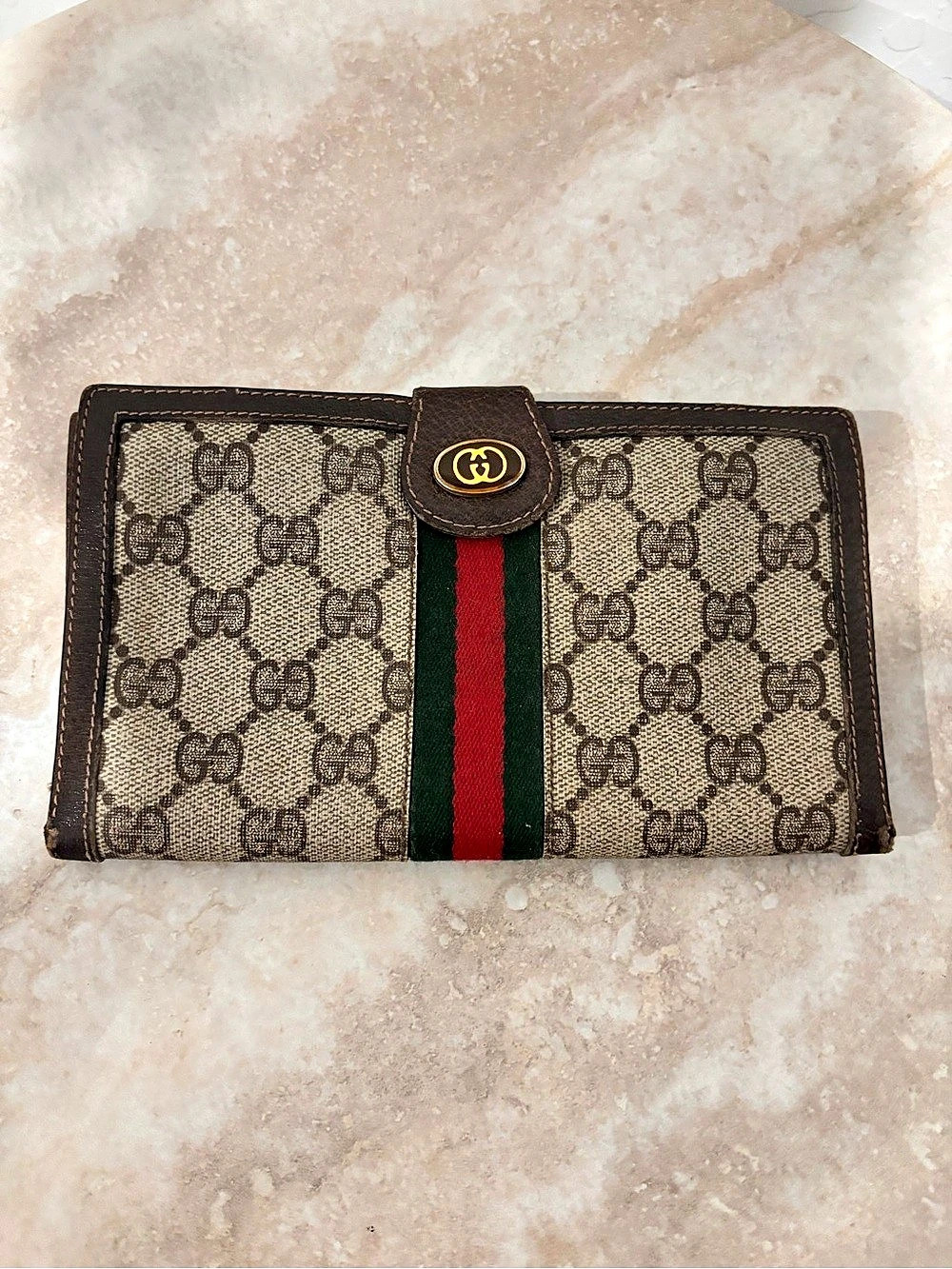 Vintage Gucci Anniversary Collection GG Monogram Web Stripe Continental Wallet